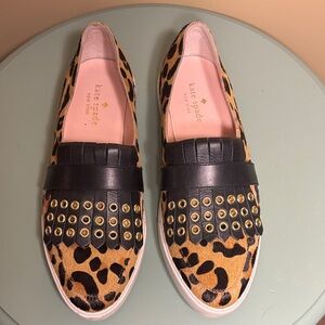 kate spade Leopard Print Slip-On Loafers with Black Fringe and Gold Eyelets